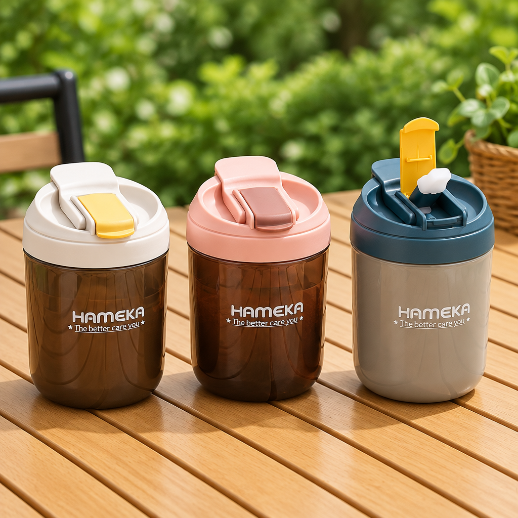 Three colorful tumblers with lids on a wooden surface outdoors