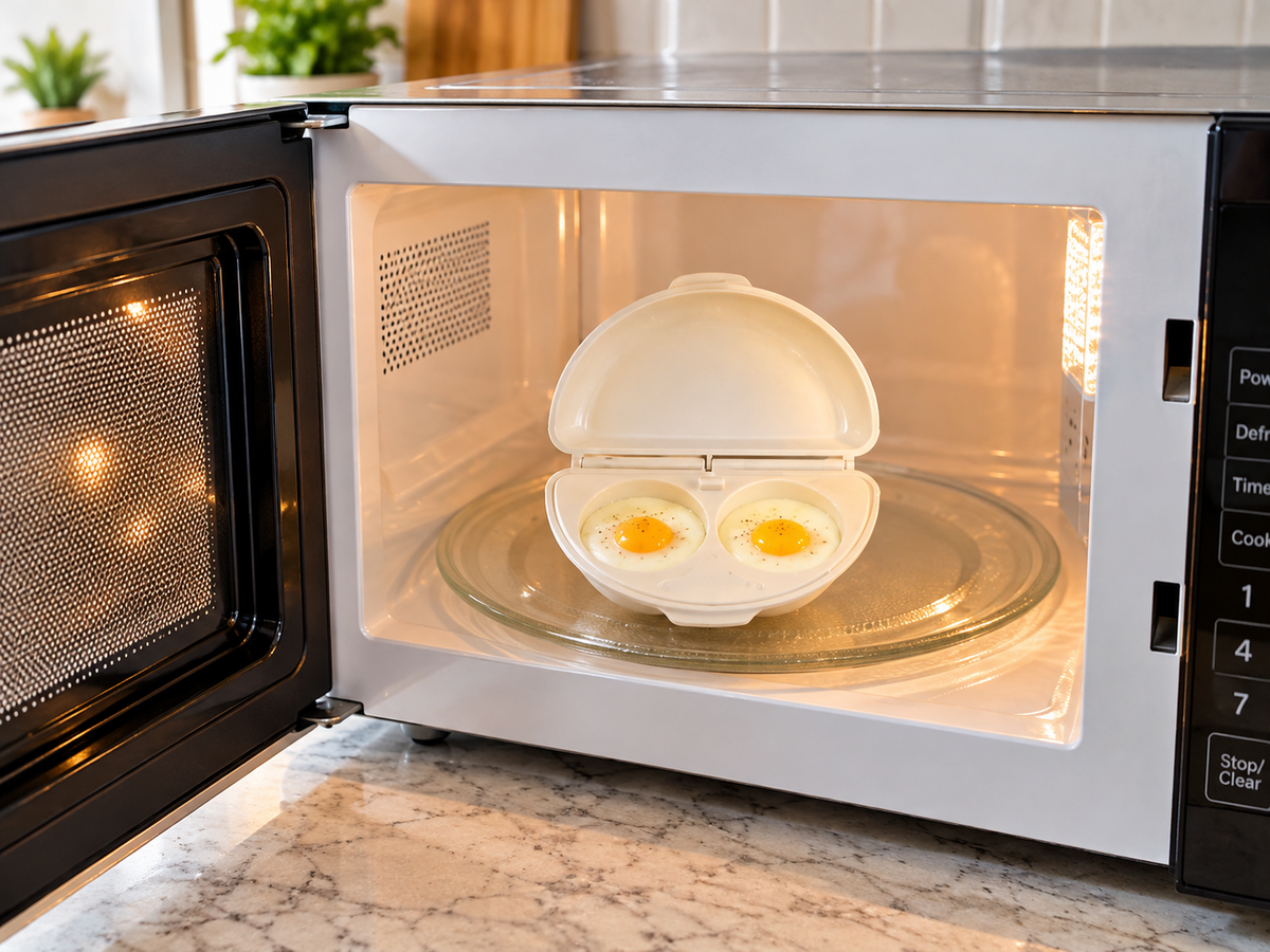 Microwave egg cooker on kitchen counter with cooked eggs and toast 
