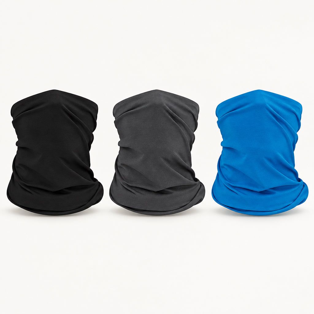 Three neck gaiters in different colors are displayed on a plain white background: one bright blue at the top, one black on the bottom left, and one dark gray on the bottom right.