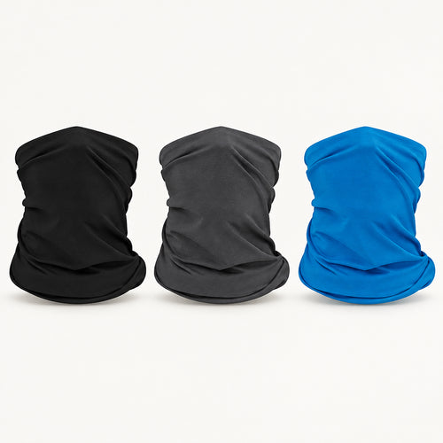 Three neck gaiters in different colors are displayed on a plain white background: one bright blue at the top, one black on the bottom left, and one dark gray on the bottom right.