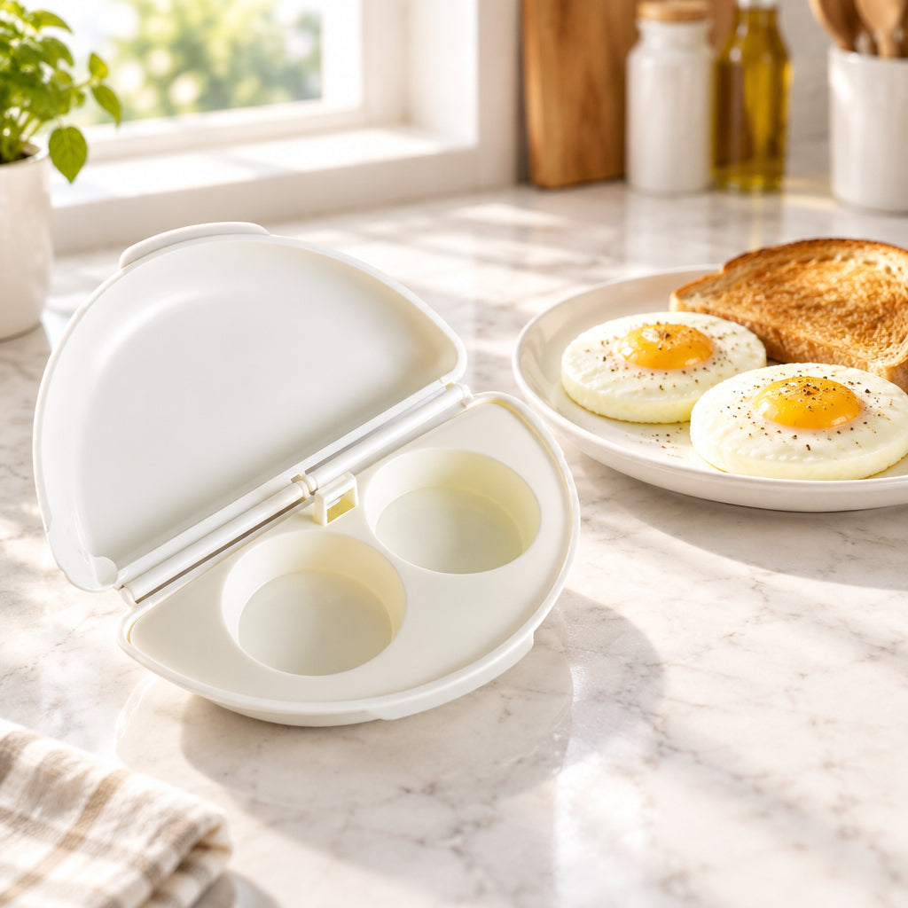 White microwave egg cooker with two egg compartments and hinged lid
