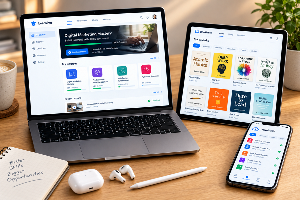 Warm premium workspace with digital planning tools on a laptop and tablet
