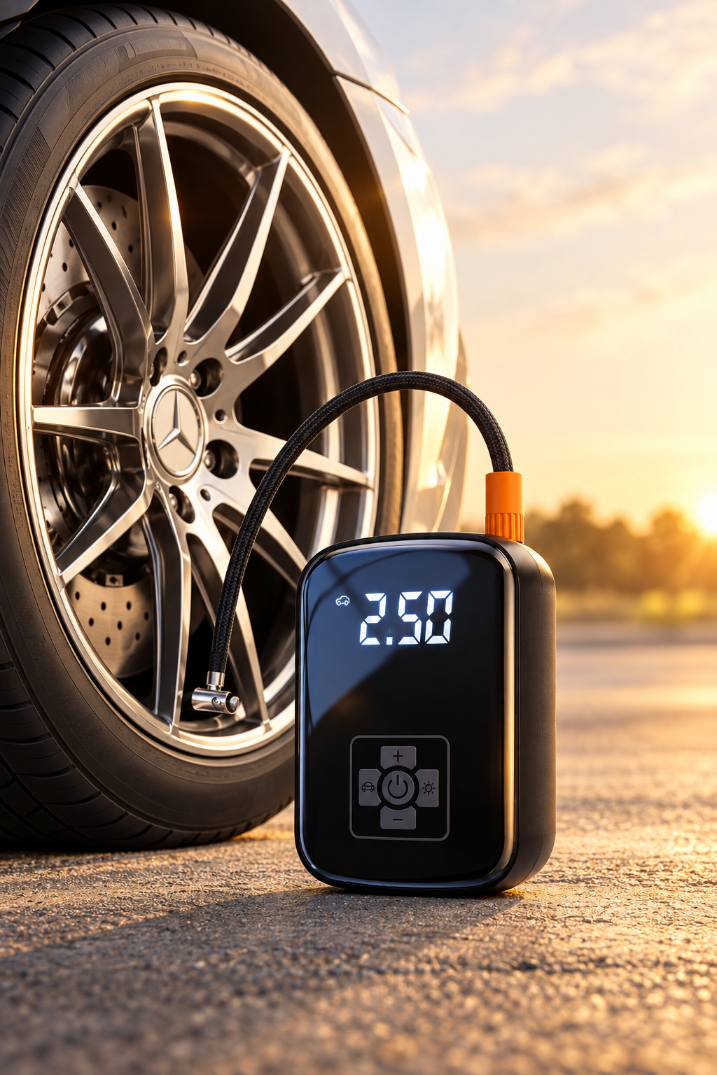 Portable digital tire inflator next to a Mercedes car wheel at sunset